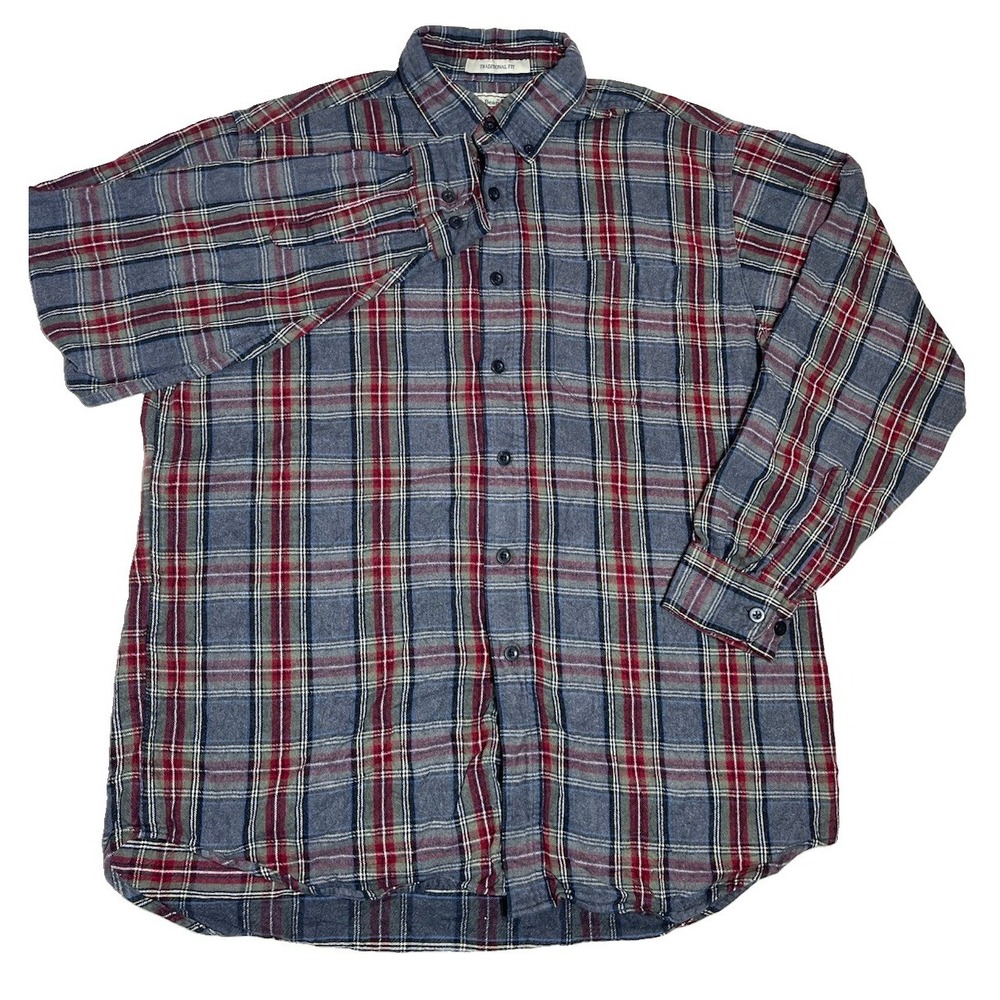 Vintage L.L. Bean Men's M Flannel 100% Cotton Gray Red Plaid Y2K Button Down EUC